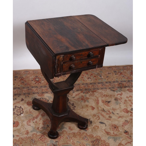 176 - A 19TH CENTURY ROSEWOOD DROP LEAF TABLE the rectangular hinged top with two frieze drawers and oppos... 