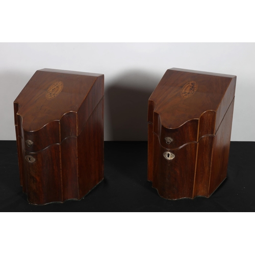 206 - A PAIR OF GEORGIAN MAHOGANY INLAID KNIFE BOXES the slope front hinged lid containing compartments 
3... 