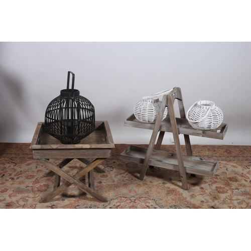 260 - A MISCELLANEOUS COLLECTION to include a limed wood folding tray on stand, a limed wood two tier stan... 