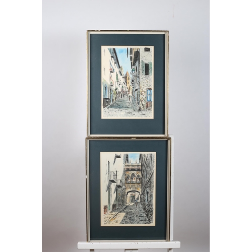 290 - EASTERN STREET SCENES WITH FIGURES 
Hand coloured etchings
Indistinctly signed lower right
43cm (h) ... 