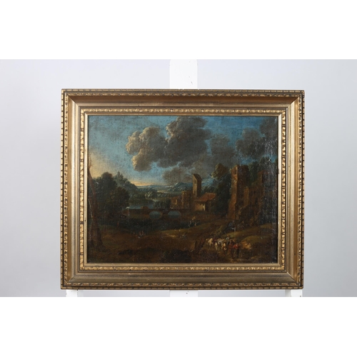 294 - 19TH CENTURY, ENGLISH SCHOOL
Castle Scene with River, Bridge and Figures on a Path
Oil on canvas
30c... 