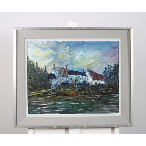 296 - PATRICK DUNNE 
Riverscape with Cottages
Oil on board
Signed lower right, dated '83
40cm (h) x 49cm (... 