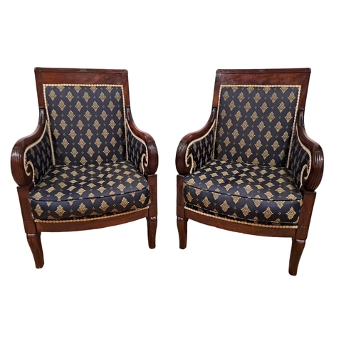 308 - A PAIR OF 19TH CENTURY CARVED MAHOGANY AND UPHOLSTERED ELBOW CHAIRS each with a reeded top rail abov... 