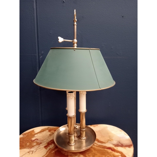 341 - A GILT BRASS AND ENAMEL ADJUSTABLE TABLE LAMP with metal and gilt shade above a circular dished base... 