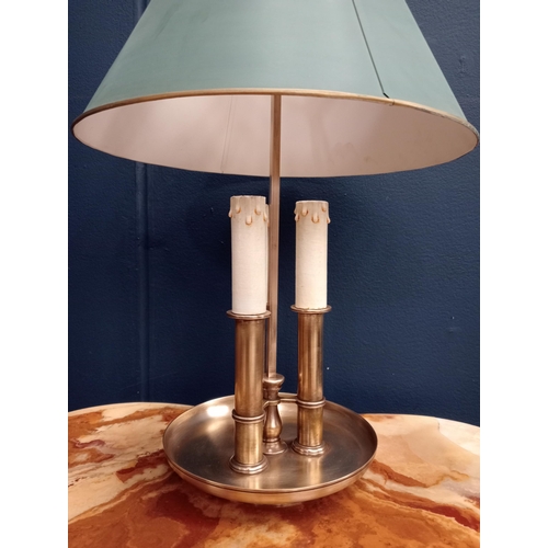 341 - A GILT BRASS AND ENAMEL ADJUSTABLE TABLE LAMP with metal and gilt shade above a circular dished base... 