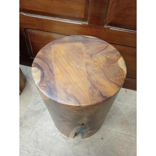 344 - A PAIR OF WALNUT STOOLS each of cylindrical form 
40cm (h) x 30cm (d)