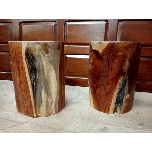 344 - A PAIR OF WALNUT STOOLS each of cylindrical form 
40cm (h) x 30cm (d)