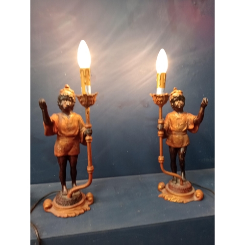 351 - A PAIR OF BLACKAMOOR FIGURAL TABLE LAMPS each shown with a figure standing holding a torch aloft on ... 