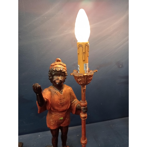 351 - A PAIR OF BLACKAMOOR FIGURAL TABLE LAMPS each shown with a figure standing holding a torch aloft on ... 