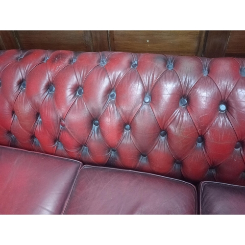 355 - A VICTORIAN STYLE HIDE UPHOLSTERED SETTEE the deep buttoned scroll over back and arms with loose cus... 