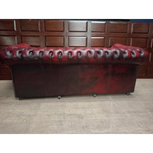 355 - A VICTORIAN STYLE HIDE UPHOLSTERED SETTEE the deep buttoned scroll over back and arms with loose cus... 