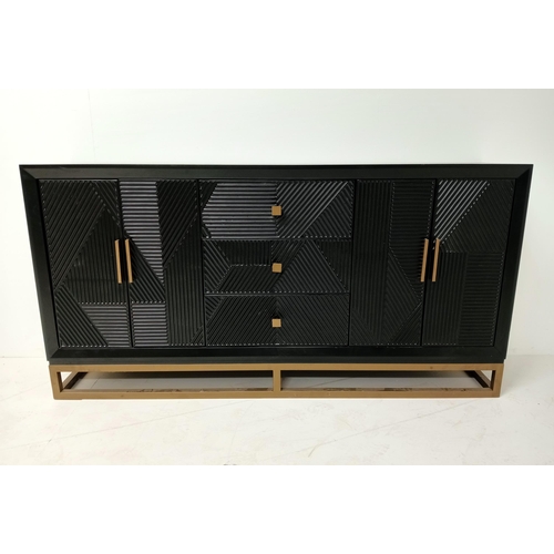 358 - A CONTINENTAL EBONISED SIDEBOARD of rectangular outline the shaped top above three frieze drawers fl... 