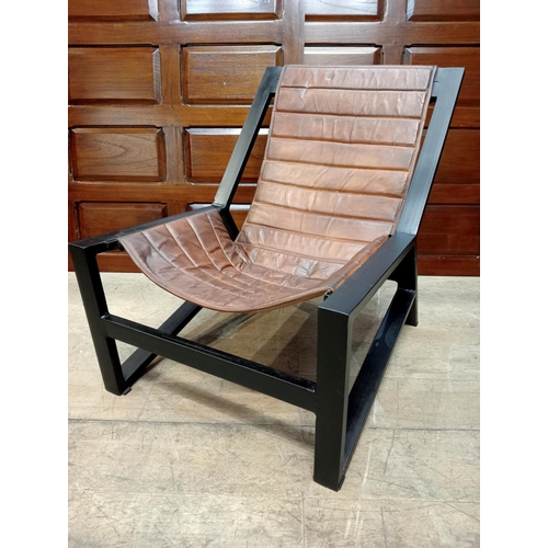 361 - A METAL AND LEATHER LOUNGE CHAIR the rectangular shaped frame with ribbed leather back and seat on t... 