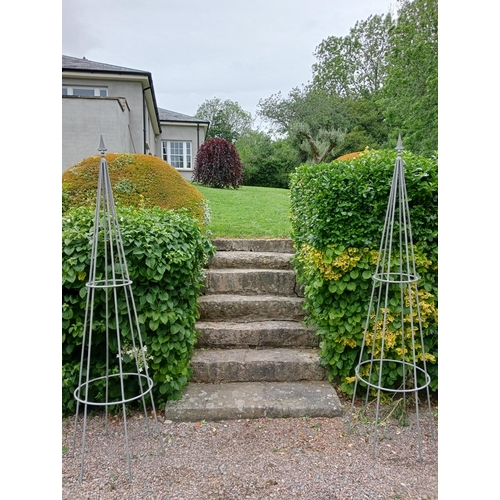 365 - A PAIR OF WROUGHT IRON OBELISKS each of typical form 
215cm (h) x 50cm (d)