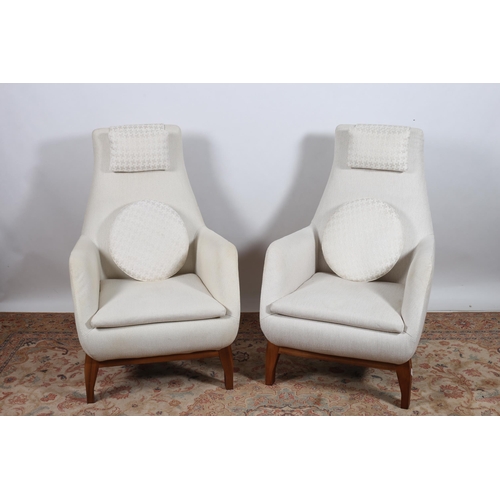 408 - A PAIR OF PORADA DESIGNER CHERRY WOOD AND UPHOLSTERED EASY CHAIRS each with a rectangular shaped bac... 