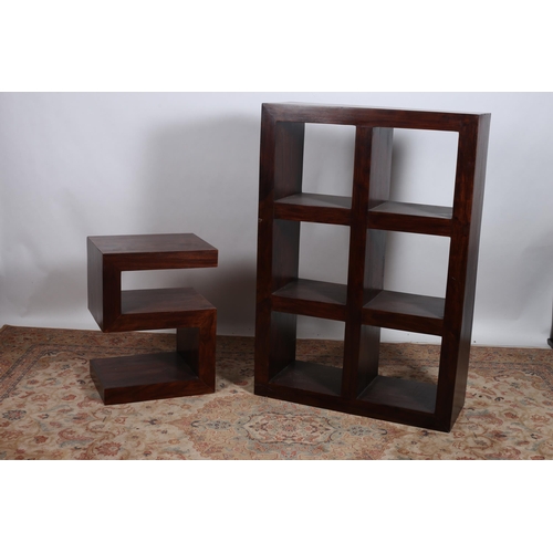 631 - A STAINED WOOD OPEN FRONT SHELF of rectangular outline the shaped top above six open compartments 
1... 