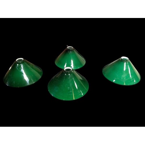 645 - FOUR GREEN GLASS AND OPALINE GLASS HANGING LIGHTS with coronas and flecks 
15cm (h) x 30cm (w)