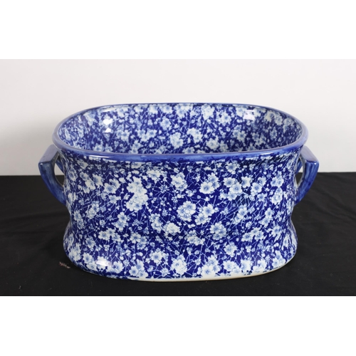 97 - AN IRONSTONE BLUE AND WHITE JARDINIERE of oval outline with carrying handles decorated overall with ... 