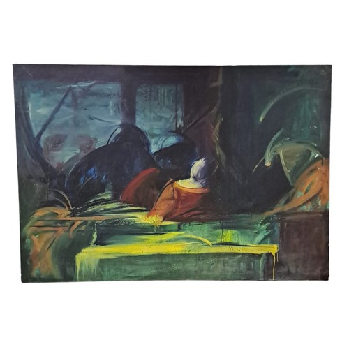 155 - TOM CLEMENT 
Betrayed
Oil on canvas 
Signed and inscribed verso 
169cm (h) x 244cm (w)