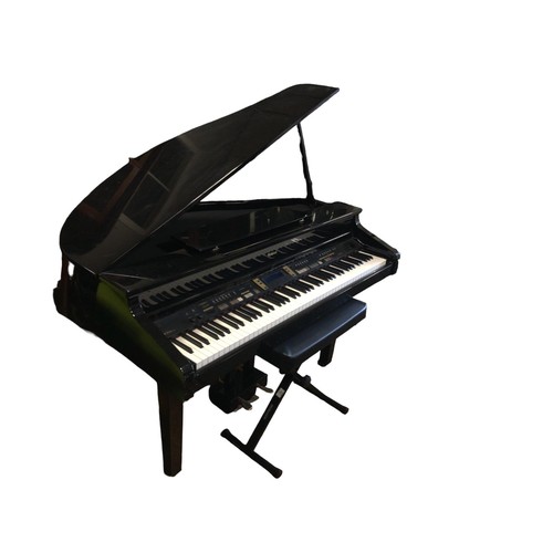 409 - A ROLAND BLACK LACQUERED CASED FLOPPY DISC ELECTRONIC PIANO with stool 
92cm (h) x 138cm (w) x 93cm ... 