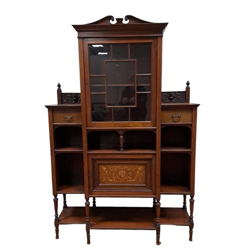 6 - AN EDWARDIAN MAHOGANY INLAID SIDE CABINET the swan neck pediment above a glazed door with open compa... 