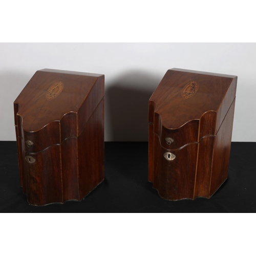 293 - A PAIR OF GEORGIAN MAHOGANY INLAID KNIFE BOXES the slope front hinged lid containing compartments 35... 