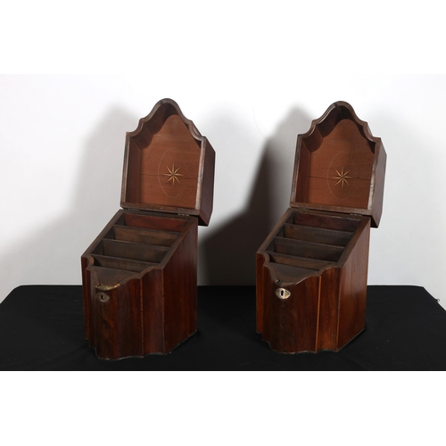 293 - A PAIR OF GEORGIAN MAHOGANY INLAID KNIFE BOXES the slope front hinged lid containing compartments 35... 