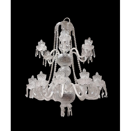 345 - A TARA CRYSTAL CUT GLASS EIGHTEEN BRANCH CHANDELIER in two registers the bulbous central column issu... 