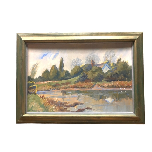 113 - STANLEY PETTIGREW Riverscape with Cottage Oil on board Signed lower left 48cm (h) x 72cm (w)