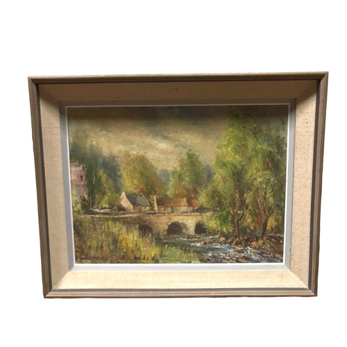 114 - NORMAN J. MCCAIG River scape with bridge and cottages Oil on canvas Signed lower left 44cm (h) x 61c... 