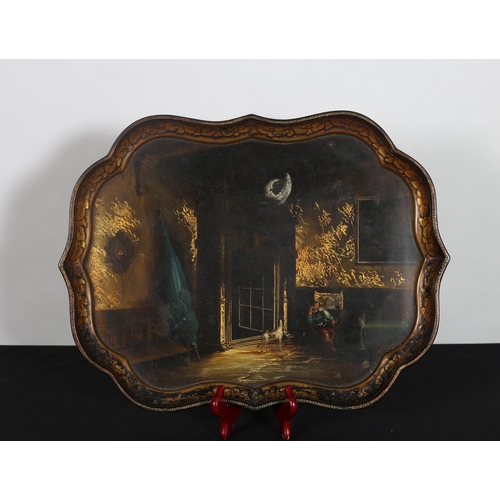 264 - A BLACK LACQUERED GILT AND PAINTED PAPIER MACHE TRAY inscribed 'Bay Walton and Company' decorated wi... 