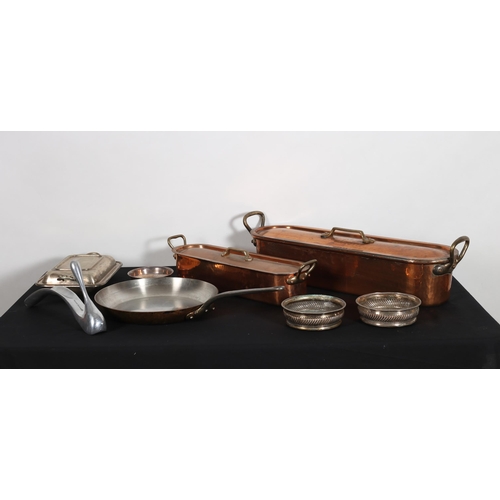 277 - TWO COPPER LIDDED FISH KETTLES, a copper frying pan, a plated entrée dish, wine coasters, etc.