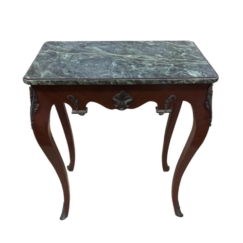 28 - A CONTINENTAL KINGWOOD AND GILT BRASS MOUNTED TABLE surmounted by a green veined marble top above sh... 