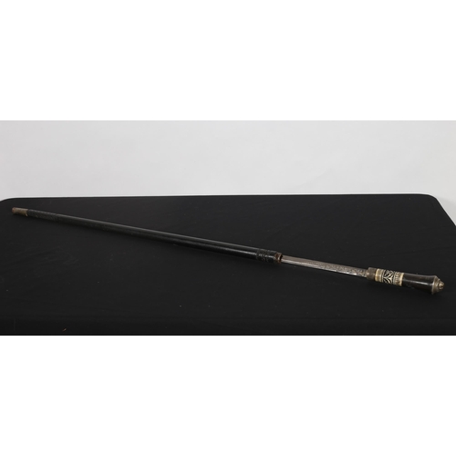 285 - AN EBONISED AND BONE SWORD STICK with engraved steel blade in sheath 91cm (l)