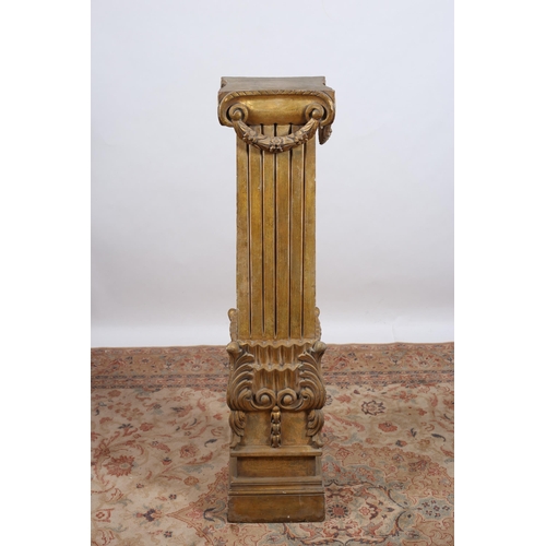 298 - A CONTINENTAL CARVED GILTWOOD COLUMN the square concaved top hung with festoons above a fluted and f... 