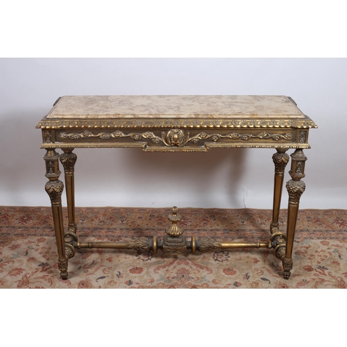 299 - A CONTINENTAL GILTWOOD AND MARBLE CONSOLE TABLE of rectangular outline the shaped top with veined ma... 