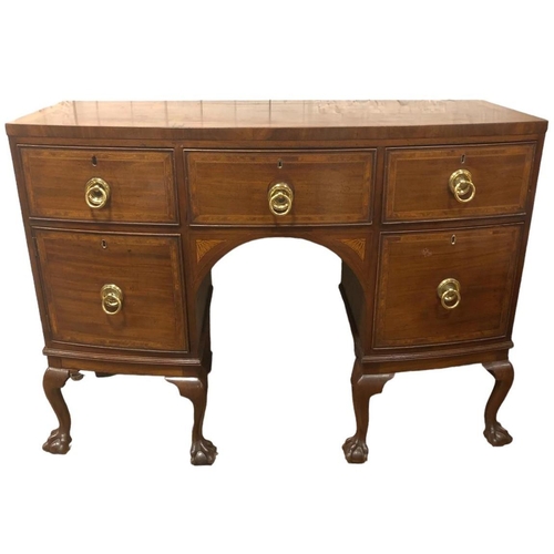 3 - A GEORGIAN MAHOGANY INLAID SIDEBOARD of demi lune outline the shaped top above three frieze drawers ... 