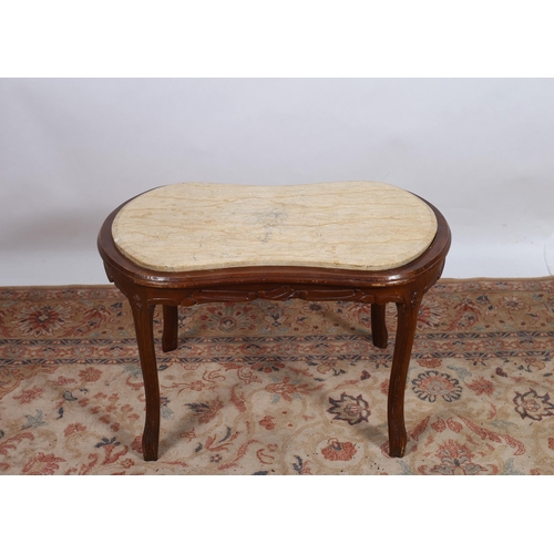 301 - A CONTINENTAL STAINED WOOD COFFEE TABLE the shaped top with veined marble inset with foliate carved ... 