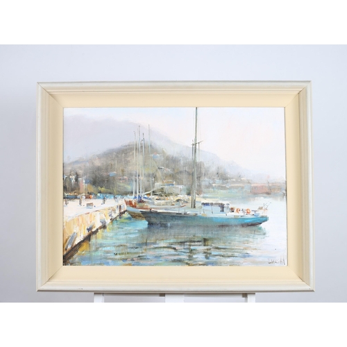 307 - CONTINENTAL SCHOOL HARBOUR SCENE WITH SAILING BOATS Oil on canvas Indistinctly signed lower right 49... 