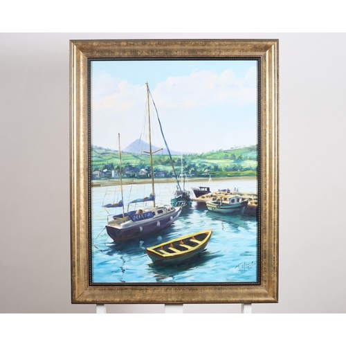 308 - JOSE HOMAGE Riverscape with Sailing Boats Oil on canvas Signed lower right 70cm (h) x 50cm (w), JOSE... 