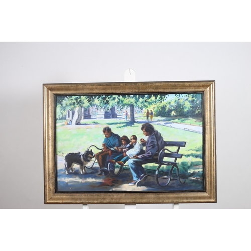 309 - JOSE MANGE Figures Seated on a Park Bench with Dog Oil on canvas Signed lower right 49cm (h) x 74cm ... 