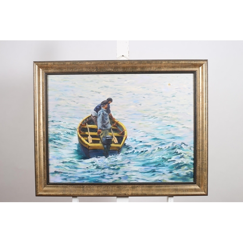 310 - JOSE MANGE Seascape with Figures in a Boat Oil on canvas Signed lower left 51cm (h) x 70cm (d)