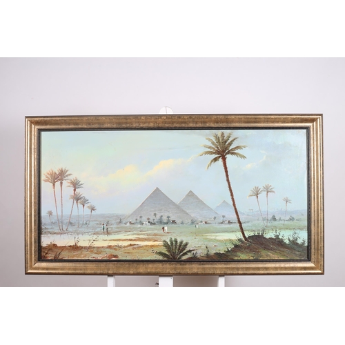 311 - EGYPTIAN LANDSCAPE WITH PYRAMIDS AND FIGURES Oil on canvas Indistinctly signed lower right 54cm (h) ... 