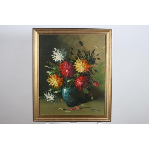 313 - STILL LIFE, FLOWERS IN A VASE ON A LEDGE Oil on canvas Indistinctly signed lower right 71cm (h) x 58... 