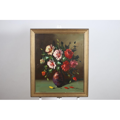 313 - STILL LIFE, FLOWERS IN A VASE ON A LEDGE Oil on canvas Indistinctly signed lower right 71cm (h) x 58... 