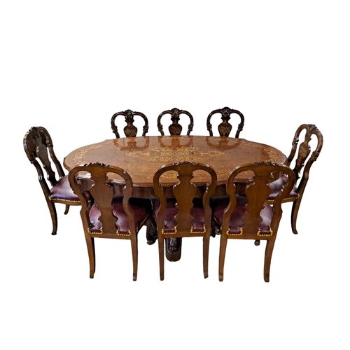 355 - A CONTINENTAL WALNUT AND MAHOGANY NINE PIECE MARQUETRY DECORATED DINING ROOM SUITE comprising eight ... 