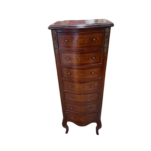 357 - A CONTINENTAL KINGWOOD MARQUETRY AND GILT BRASS MOUNTED TALLBOY of serpentine outline the shaped top... 