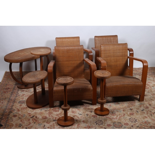 366 - A VINTAGE SEVEN PIECE STAINED WOOD AND CANED SUITE comprising a set of FOUR ELBOW CHAIRS each with a... 