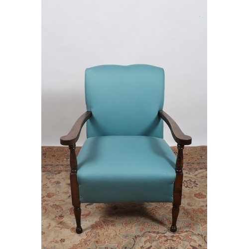 368 - A VINTAGE BEECHWOOD AND UPHOLSTERED ARMCHAIR the rectangular upholstered back and seat with scroll a... 