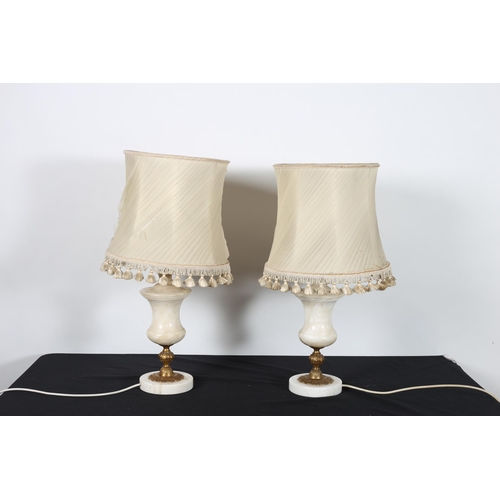 376 - A PAIR OF ALABASTER AND GILT METAL URN SHAPED TABLE LAMPS with shades 57cm (h)